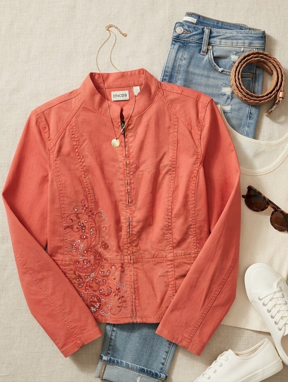 Chico's Terracotta Orange Embellished Zip Up Jacket